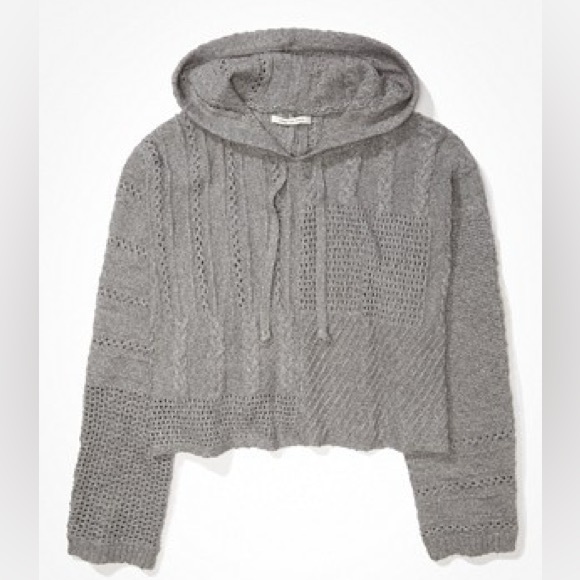 AE Gray Mix Stitch Hooded Semi-Cropped Sweater - Picture 1 of 5